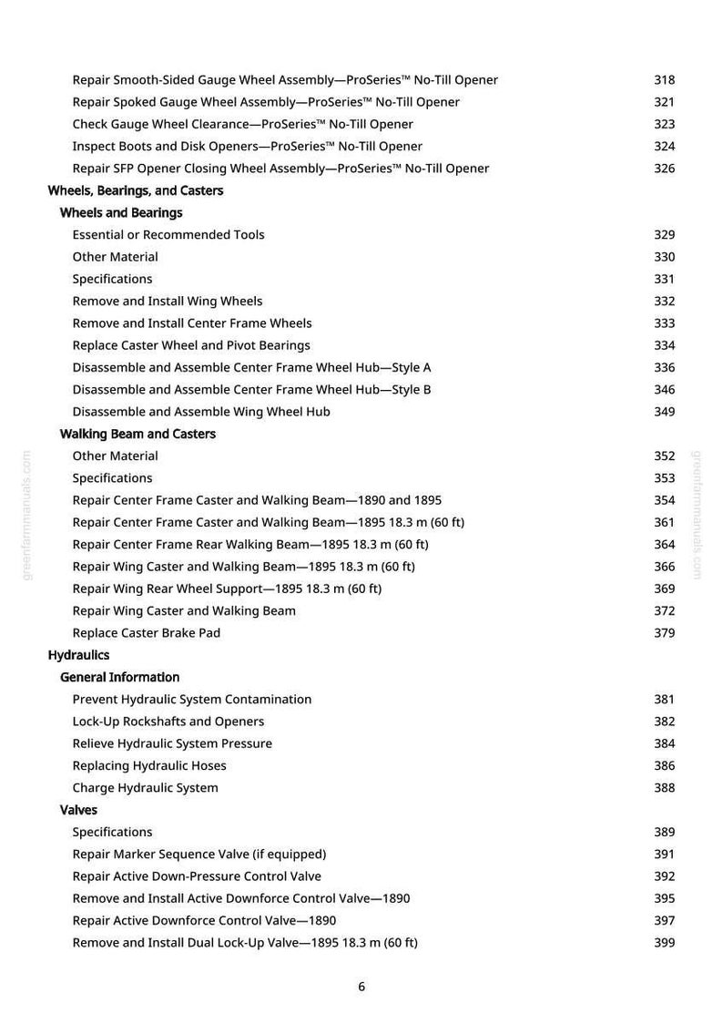 K&ouml;nnte beinhalten: Ein detailliertes Inhaltsverzeichnis aus einem greenfarmmanuals.com-Handbuch, das Reparatur- und Wartungsverfahren f&uuml;r landwirtschaftliche Ger&auml;te auflistet. Themen sind R&auml;der, Lager, Hydraulik und Ventile.