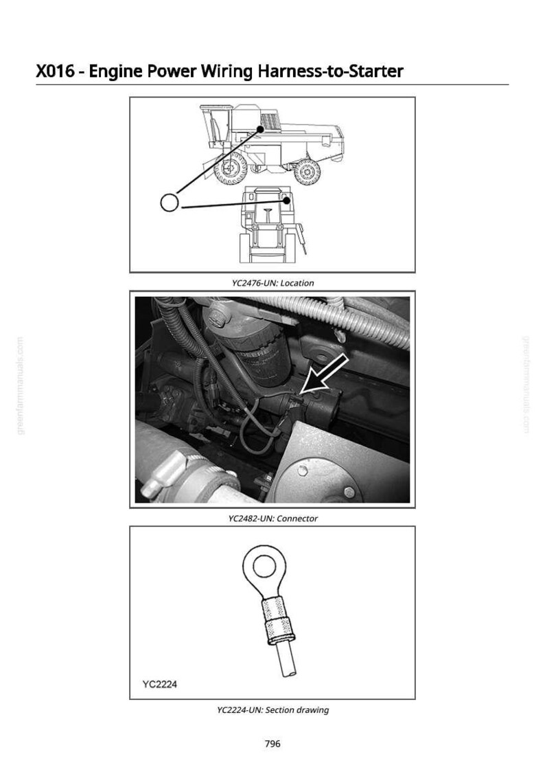 May include: Diagram of an engine power wiring harness-to-starter. The image includes a schematic of a vehicle, a close-up of engine components, and a section drawing of a connector. Text includes "X016", "YC2476-UN", "YC2482-UN", and "YC2224".