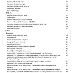 May include: A detailed table of contents from a manual, listing various automotive repair topics. Sections include oil coolers, electrical connectors, and related tools and procedures. The text is in black on a white background.