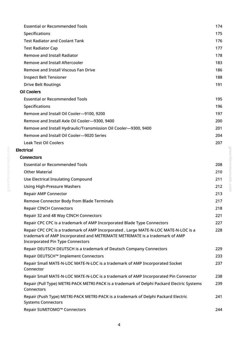 May include: A detailed table of contents from a manual, listing various automotive repair topics. Sections include oil coolers, electrical connectors, and related tools and procedures. The text is in black on a white background.