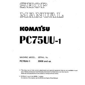 Może przedstawiać: Biała instrukcja warsztatowa z napisem "SHOP MANUAL" dużymi, obrysowanymi literami. Poniżej logo Komatsu i "PC75UU-1". Instrukcja zawiera informacje o modelu maszyny i numerze seryjnym.