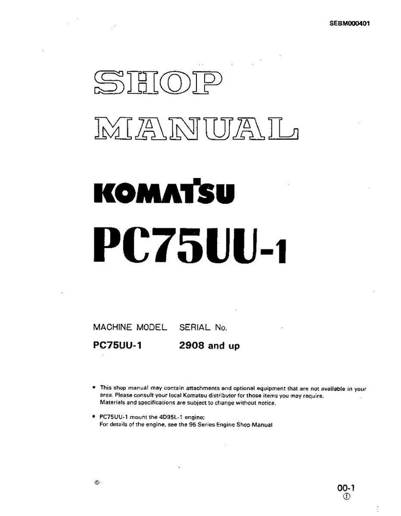 Może przedstawiać: Biała instrukcja warsztatowa z napisem "SHOP MANUAL" dużymi, obrysowanymi literami. Poniżej logo Komatsu i "PC75UU-1". Instrukcja zawiera informacje o modelu maszyny i numerze seryjnym.