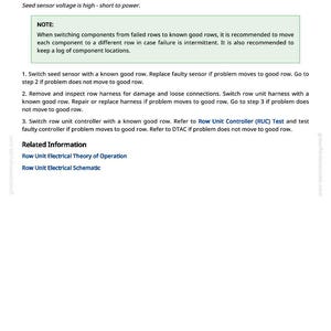 Puede incluir: Documento blanco con el t&iacute;tulo "MMC 003510.03 - Estos controladores de unidad de fila tienen un error de suministro del sensor". El documento proporciona instrucciones de soluci&oacute;n de problemas, incluyendo el cambio de componentes y la inspecci&oacute;n de arneses.
