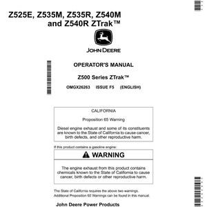 Puede incluir: Un manual del operador blanco para cortac&eacute;spedes Z500 Series ZTrak&trade; de John Deere. El manual incluye advertencias sobre los gases de escape de los motores di&eacute;sel y de gasolina. La portada muestra los n&uacute;meros de modelo Z525E, Z535M, Z535R, Z540M y Z540R.
