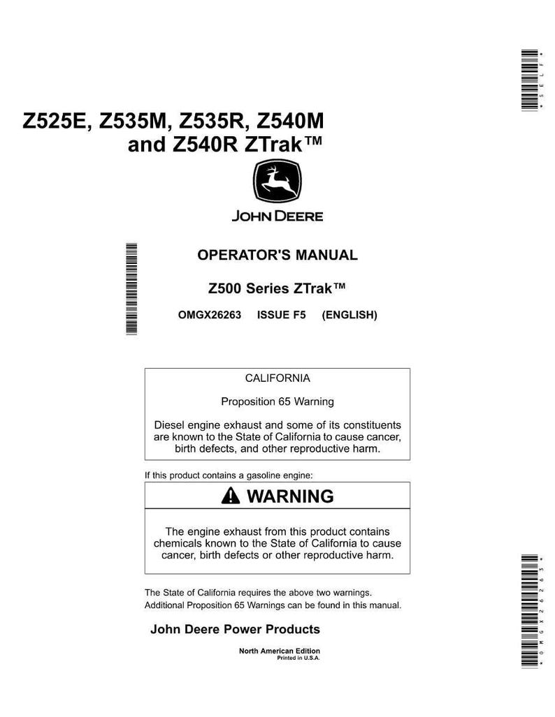 Puede incluir: Un manual del operador blanco para cortac&eacute;spedes Z500 Series ZTrak&trade; de John Deere. El manual incluye advertencias sobre los gases de escape de los motores di&eacute;sel y de gasolina. La portada muestra los n&uacute;meros de modelo Z525E, Z535M, Z535R, Z540M y Z540R.