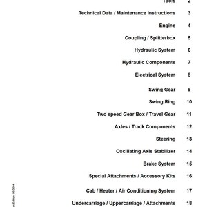 May include: A white document with a table of contents for a Liebherr manual. The table lists sections such as "General Information," "Tools," and "Engine." The document is dated 09/2004.