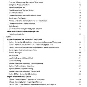 May include: A page from a manual with a table of contents. The document lists engine-related topics such as installation, removal, and exhaust cleaning. The page includes section titles and page numbers.