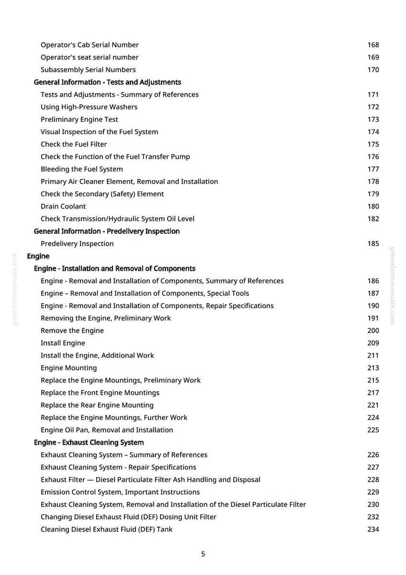 May include: A page from a manual with a table of contents. The document lists engine-related topics such as installation, removal, and exhaust cleaning. The page includes section titles and page numbers.