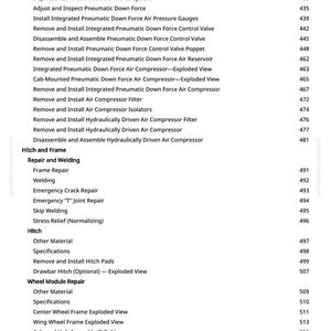 May include: A white page with a table of contents from a manual. The text includes headings such as "Pneumatic Row Unit Down Force," "Hitch and Frame," and "Wheel Module Repair." Page numbers are listed on the right.