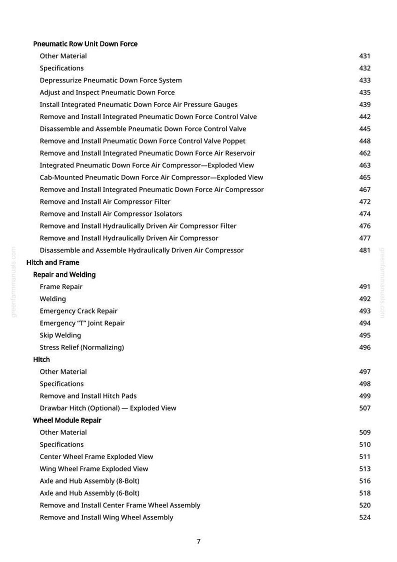May include: A white page with a table of contents from a manual. The text includes headings such as "Pneumatic Row Unit Down Force," "Hitch and Frame," and "Wheel Module Repair." Page numbers are listed on the right.
