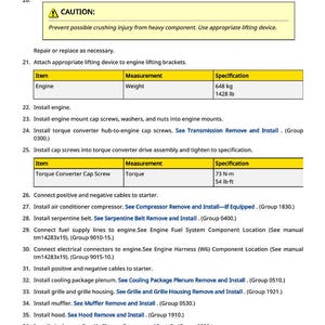 May include: A page from a repair manual with tables detailing engine specifications. The engine weight is listed as 1428 lb (648 kg). Instructions include installing components like the air conditioner compressor and serpentine belt.