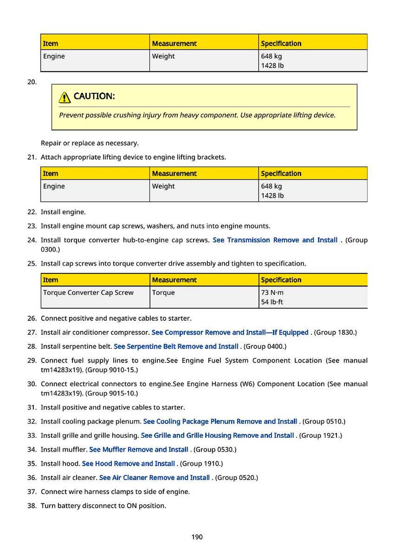 May include: A page from a repair manual with tables detailing engine specifications. The engine weight is listed as 1428 lb (648 kg). Instructions include installing components like the air conditioner compressor and serpentine belt.