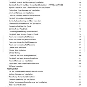 May include: A detailed list of engine repair procedures, including cylinder head removal, crankshaft seal replacement, and cooling system maintenance. The text is in black font on a white background, with page numbers on the right.