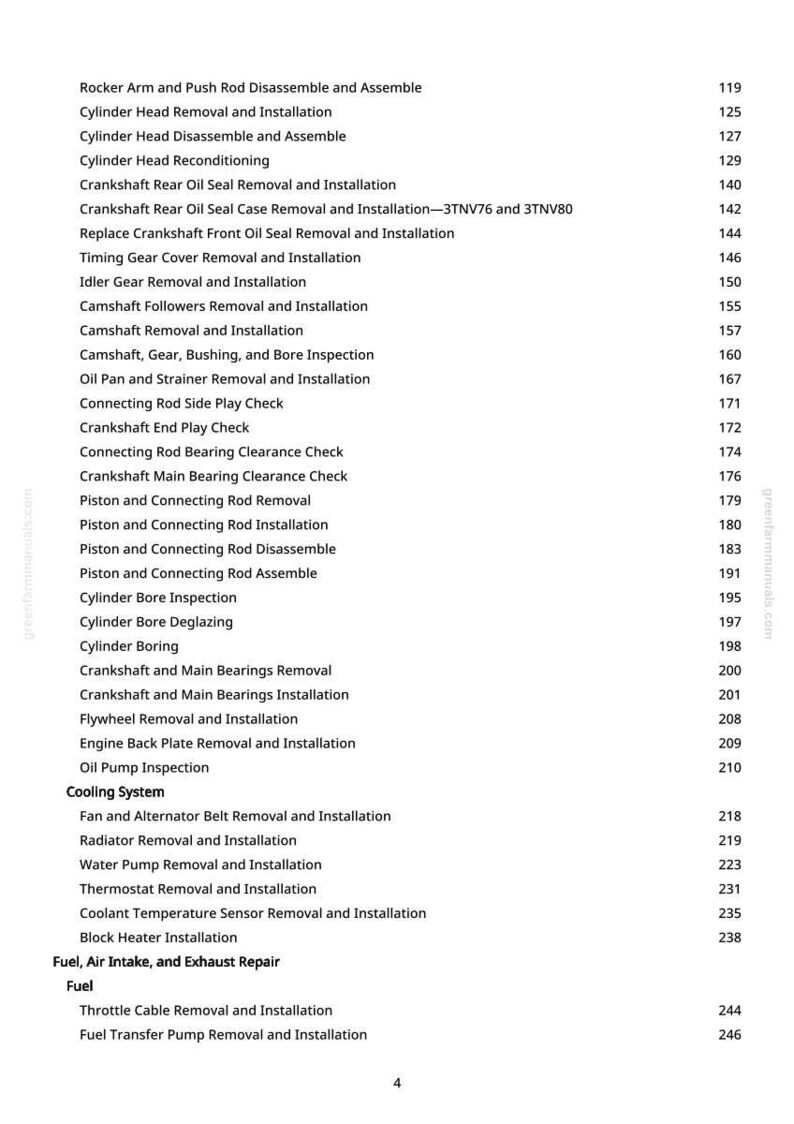 May include: A detailed list of engine repair procedures, including cylinder head removal, crankshaft seal replacement, and cooling system maintenance. The text is in black font on a white background, with page numbers on the right.