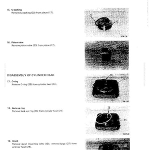 May include: Diagram of a blade lift cylinder disassembly and assembly. The image shows various parts including U-packing, piston valve, O-ring, back-up ring, and gland. Text labels identify each part and its function.