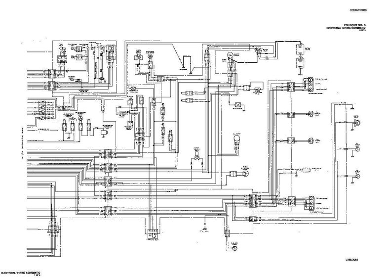 May include: A detailed electrical wiring schematic diagram, printed in black ink on white paper. The diagram features numerous lines, symbols, and labels, illustrating the complex circuitry of a system. The document is labeled "FOLD OUT NO. 2 ELECTRICAL WIRING SCHEMATIC 1 OF 2".