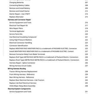 May include: A manual page detailing electrical system repair procedures. The text covers topics such as battery replacement, wiring harness routing, and connector repair. It also lists service equipment and tools.