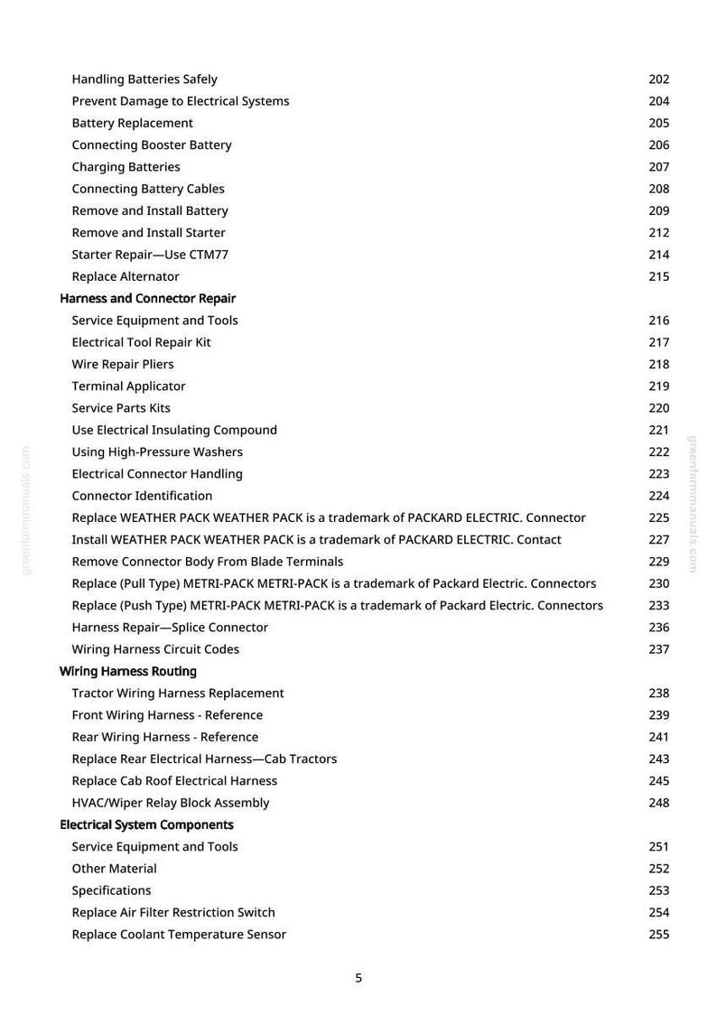May include: A manual page detailing electrical system repair procedures. The text covers topics such as battery replacement, wiring harness routing, and connector repair. It also lists service equipment and tools.