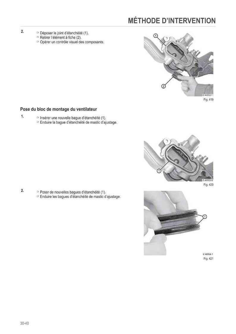 Op de afbeelding: Technische diagram met de interventiemethode voor een mechanisch onderdeel. De afbeelding toont stappen voor montage en demontage, inclusief de installatie van afdichtringen. Franse tekst begeleidt de diagrammen.
