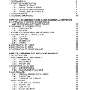May include: A page from the MF1755E Service Manual, featuring a detailed table of contents. The text is black on a white background, listing chapters on general information, disassembly, and the fuel system.