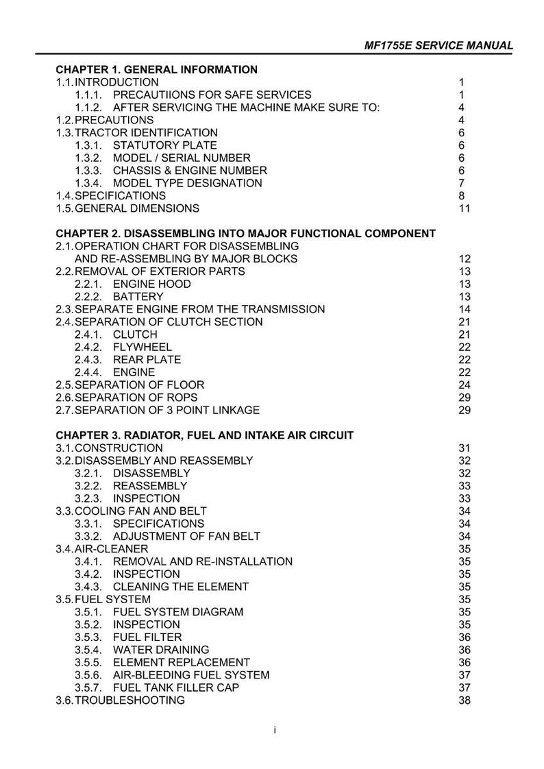 May include: A page from the MF1755E Service Manual, featuring a detailed table of contents. The text is black on a white background, listing chapters on general information, disassembly, and the fuel system.
