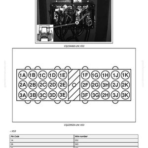 May include: Diagram of an X53 AHC board connector, with a detailed schematic of the pin layout. Includes a table with pin codes and wire numbers. The image also shows a tractor.