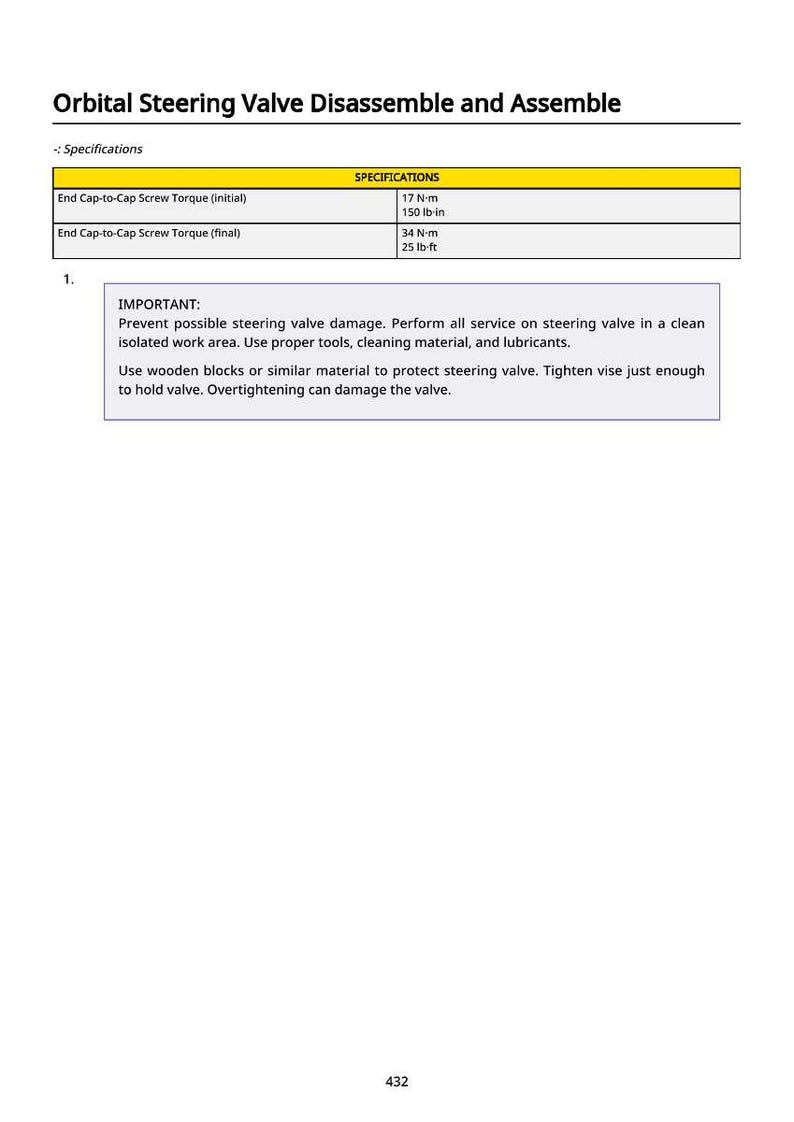 Puede incluir: Diagrama titulado "Desmontaje y montaje de la v&aacute;lvula de direcci&oacute;n orbital" con especificaciones de par. Incluye instrucciones para evitar da&ntilde;os durante el servicio, utilizando herramientas y lubricantes adecuados. Medidas en N-m y lb-ft.