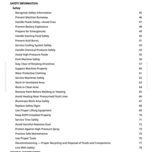 May include: A page from a manual titled "Table of Contents." The document lists safety information, including topics like handling fluids, preventing explosions, and safe machine operation. The page is white with black text.