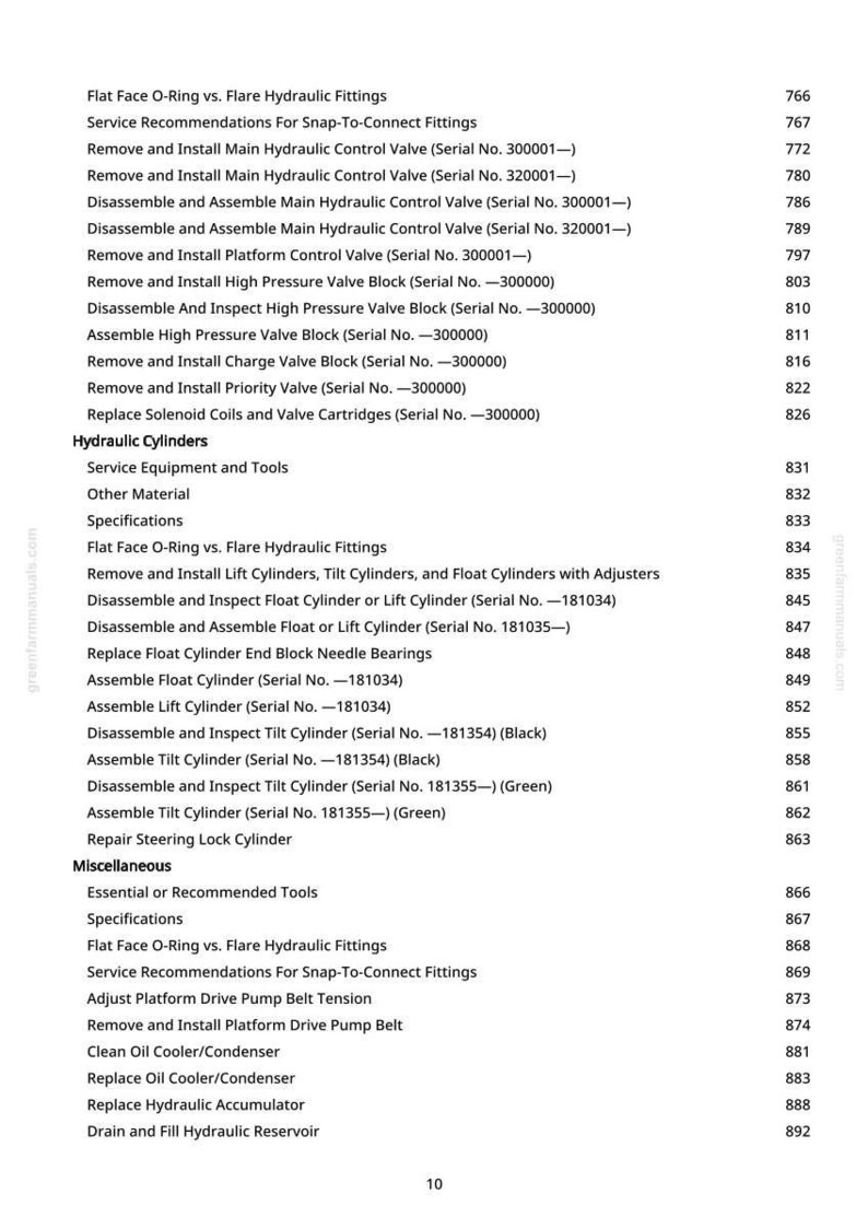 May include: A page from a manual with a list of hydraulic cylinder maintenance procedures, including removing and installing valves and cylinders. The text is in black font on a white background. The page number is 10.