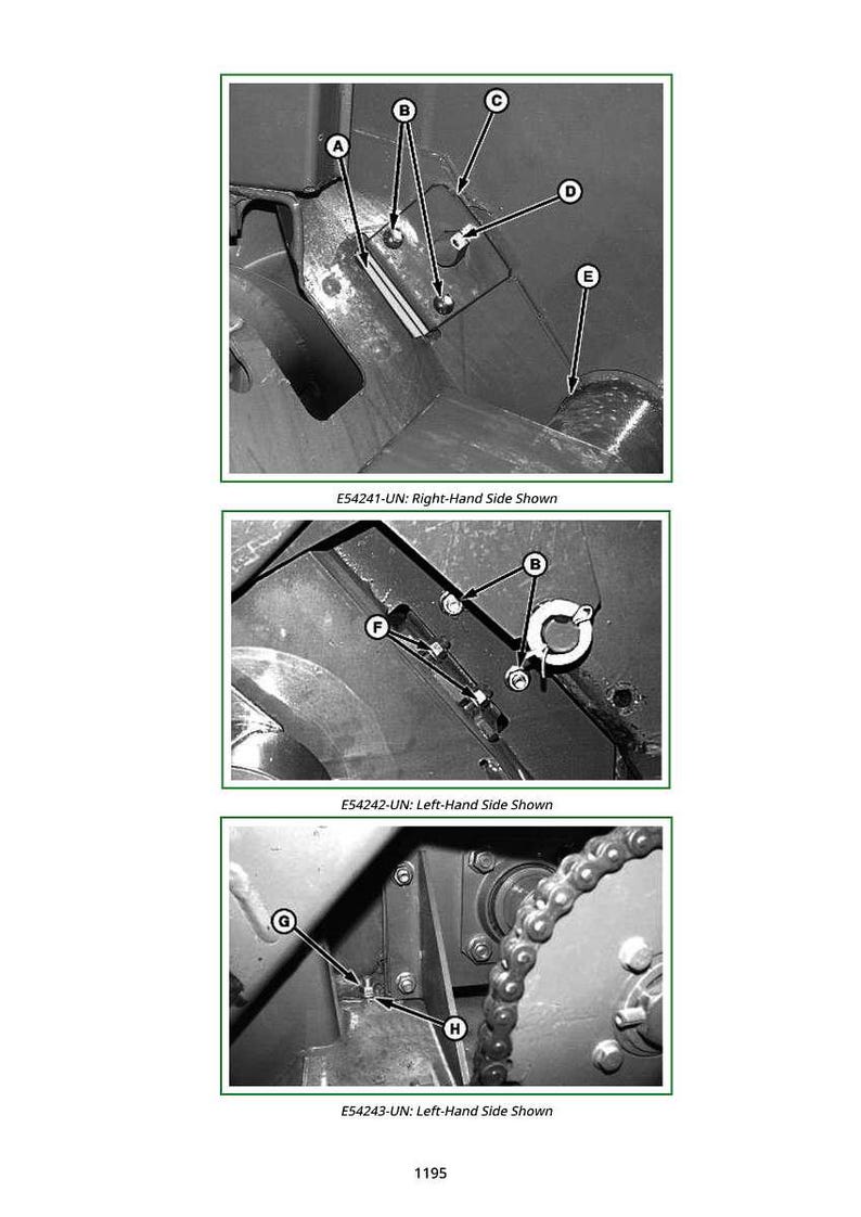 May include: Detailed diagrams of mechanical components, labeled A through H, with arrows pointing to specific parts. The image includes text indicating right and left-hand side views, and the number 1195.