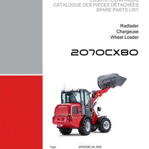 May include: A red and black Weidemann wheel loader, model 2070CX80, with a raised bucket. The image is from a spare parts list, with text in English, French, and German. The document includes the serial number, version, and document order number.