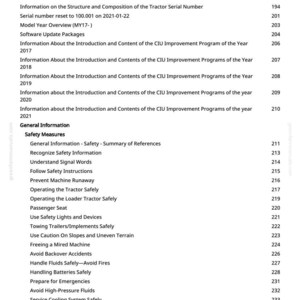 May include: A table of contents page from a manual, listing topics and page numbers. Topics include safety measures, operating instructions, and software updates. The page is white with black text.
