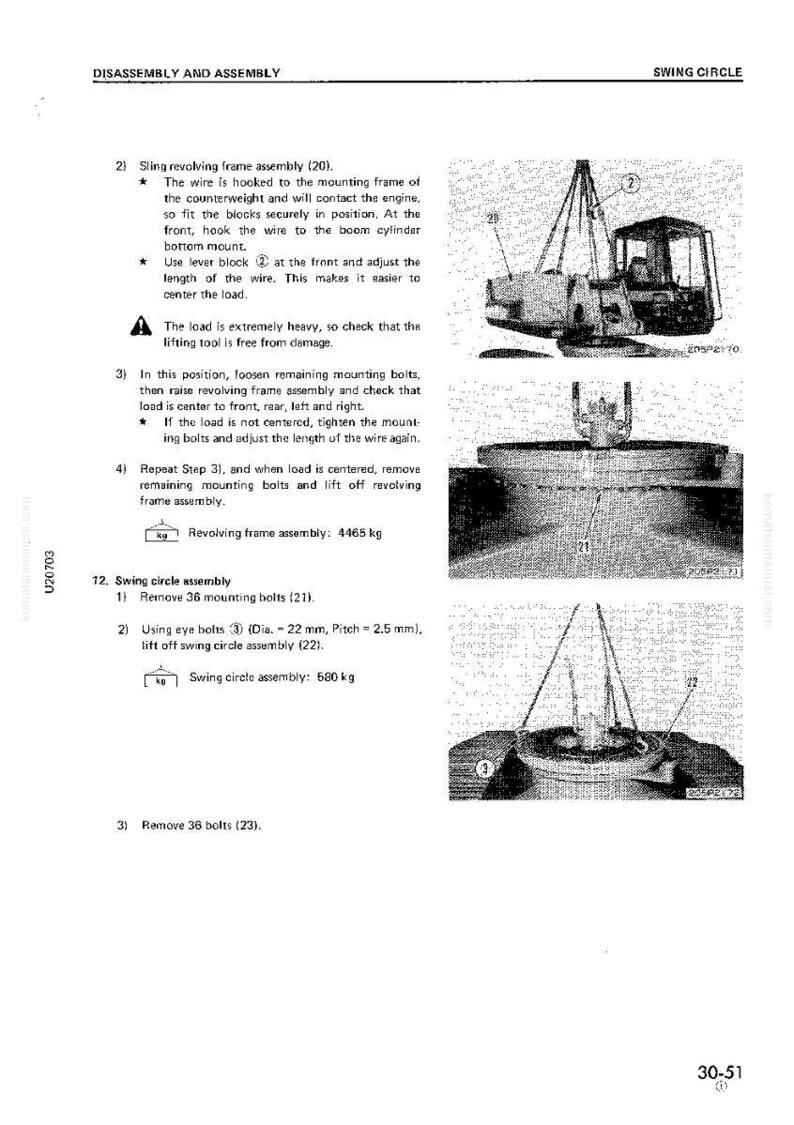 May include: Diagram from a manual showing the disassembly and assembly of a swing circle. The image includes text, diagrams, and measurements in kilograms. The text includes instructions for removing bolts and lifting components.