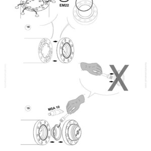 May include: Diagram of mechanical components, including circular flanges with bolt holes, a container labeled "EM22", and a tube labeled "MSA 10". The image shows assembly instructions with arrows and an "X" symbol.