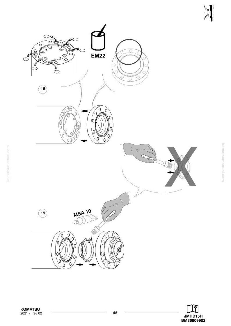 May include: Diagram of mechanical components, including circular flanges with bolt holes, a container labeled "EM22", and a tube labeled "MSA 10". The image shows assembly instructions with arrows and an "X" symbol.