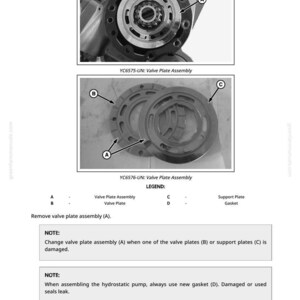 May include: Diagram of a valve plate assembly, with close-up views and labels. Includes images of valve plates, support plates, and gaskets. Text indicates the assembly process and replacement instructions.