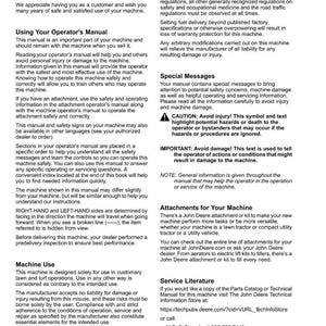 May include: A page from a John Deere operator's manual, featuring text about machine safety, operation, and maintenance. Includes sections on attachments, service literature, and contact information for support.