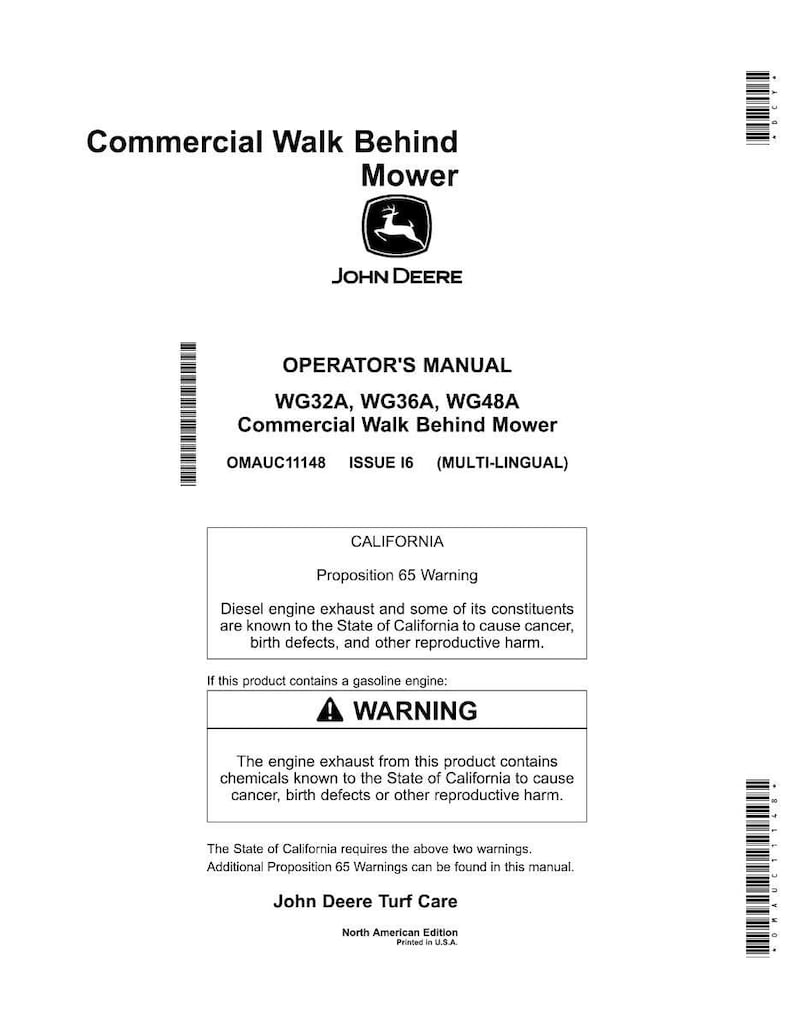 Pu&ograve; includere: Un documento bianco con il testo "Commercial Walk Behind Mower" e il logo John Deere. &Egrave; un manuale dell'operatore per i tosaerba WG32A, WG36A e WG48A, con un avviso della Proposizione 65 della California.