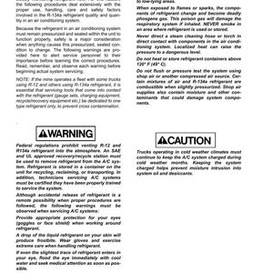 May include: A printed document with safety warnings and instructions for servicing an air conditioning system. The document includes warnings about refrigerant handling, eye protection, and potential hazards. The text is in black font on a white background.