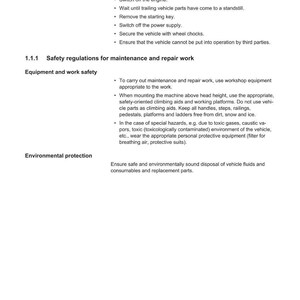 May include: A white document detailing safety regulations, including accident prevention and maintenance procedures. The document, titled "Safety", lists steps for vehicle operation and maintenance, with the Weidemann logo visible. Measurements are not applicable.