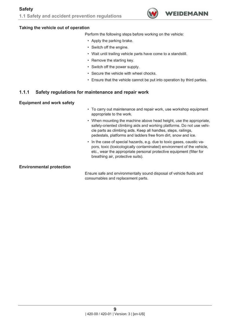 May include: A white document detailing safety regulations, including accident prevention and maintenance procedures. The document, titled "Safety", lists steps for vehicle operation and maintenance, with the Weidemann logo visible. Measurements are not applicable.