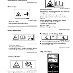 Puede incluir: Una p&aacute;gina de etiquetas de seguridad con diagramas y advertencias. Las etiquetas abordan peligros potenciales como superficies calientes, lesiones en las manos y cuchillas giratorias. El texto incluye instrucciones para evitar lesiones.