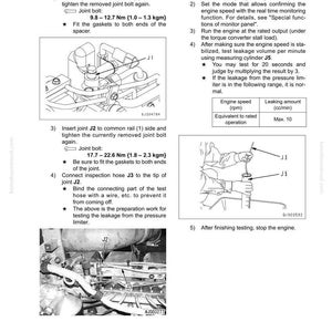 May include: Technical diagram from a manual detailing engine testing and adjustment procedures. Includes illustrations of engine components, joint bolts, and inspection hoses. Text includes instructions and specifications for engine maintenance.