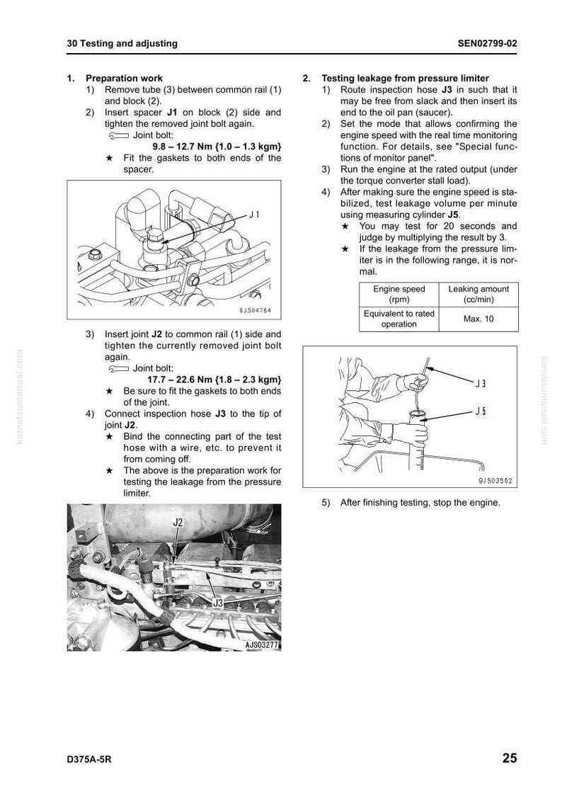 May include: Technical diagram from a manual detailing engine testing and adjustment procedures. Includes illustrations of engine components, joint bolts, and inspection hoses. Text includes instructions and specifications for engine maintenance.