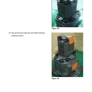 May include: Two images of a steer pump. The first image shows the pump being worked on. The second image shows the pump assembled. Text in the image includes instructions for installation and the page number.