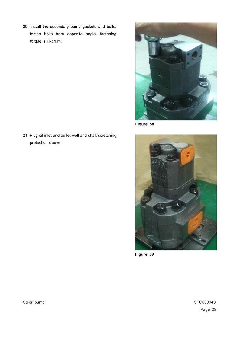 May include: Two images of a steer pump. The first image shows the pump being worked on. The second image shows the pump assembled. Text in the image includes instructions for installation and the page number.