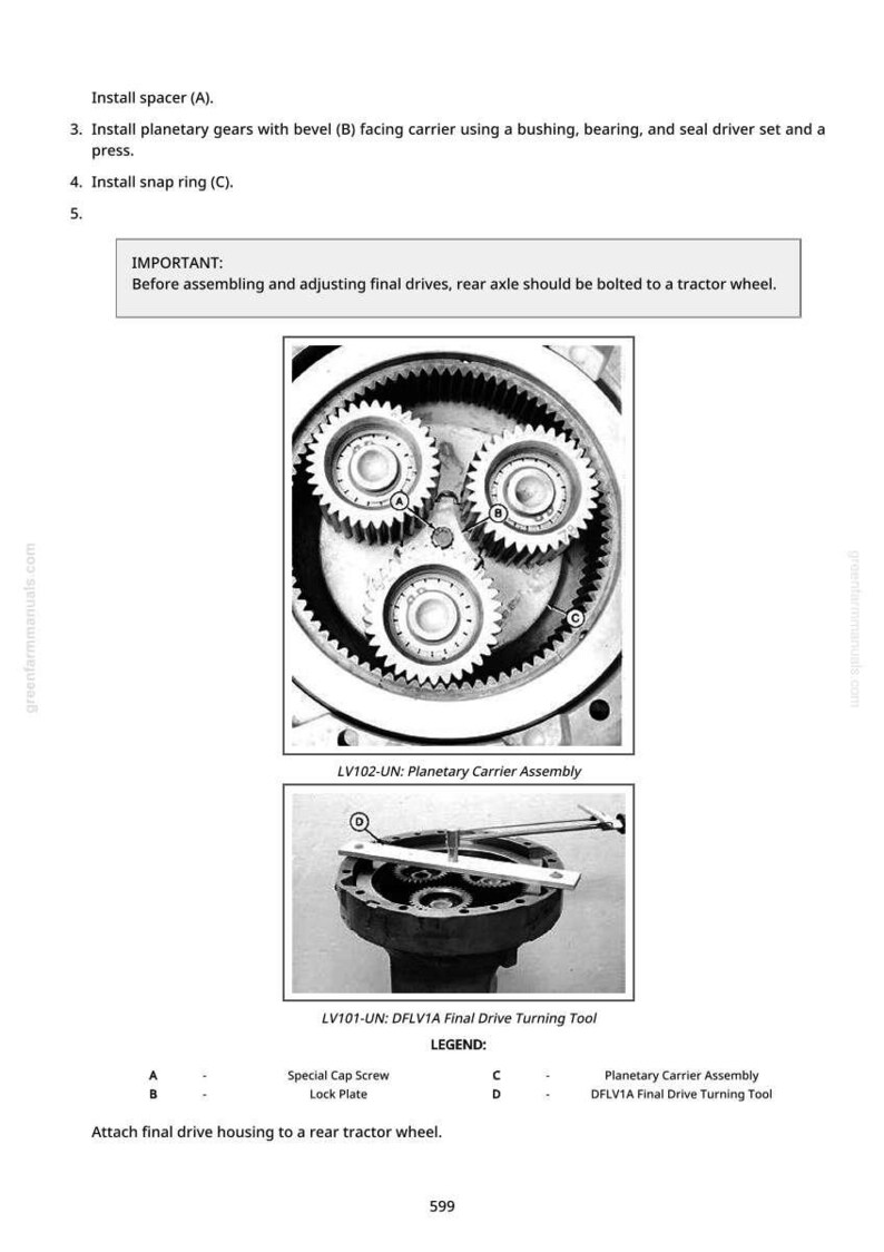 May include: Diagram of a planetary carrier assembly and a final drive turning tool. The image includes detailed illustrations of mechanical components, with labels and instructions for assembly and adjustment. Text includes "LV102-UN" and "LV101-UN".