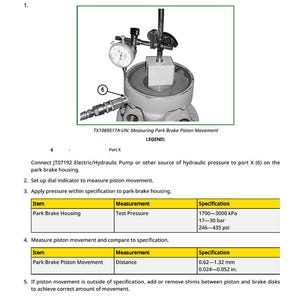 May include: Diagram showing park brake piston movement measurement. A dial indicator measures piston movement on a wheeled machine. Specifications include test pressure and distance measurements in mm and inches.