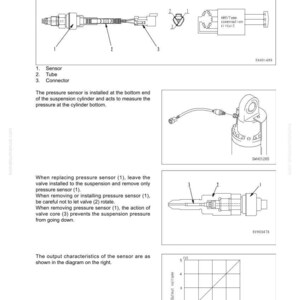 Puede incluir: Diagrama de un sensor de presi&oacute;n para un medidor de carga &uacute;til, con etiquetas para sensor, tubo y conector. Incluye diagramas de instalaci&oacute;n y caracter&iacute;sticas de salida. Texto con instrucciones de mantenimiento.