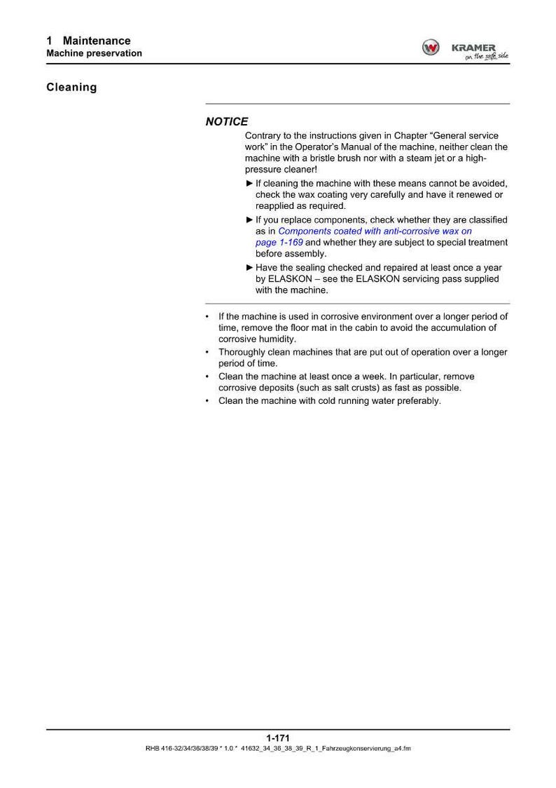 May include: A page from a maintenance manual with the title "Maintenance Machine preservation" and the subheading "Cleaning". The text includes instructions and warnings about machine care, with the Kramer logo in the top right corner.